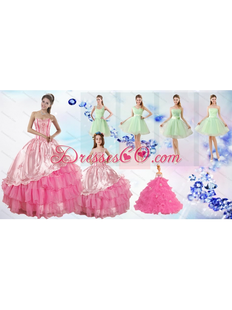 Ruffled Layers Quinceanera Dress and Ruching Apple Green Dama Dressand Rose Pink Little Girl Dress