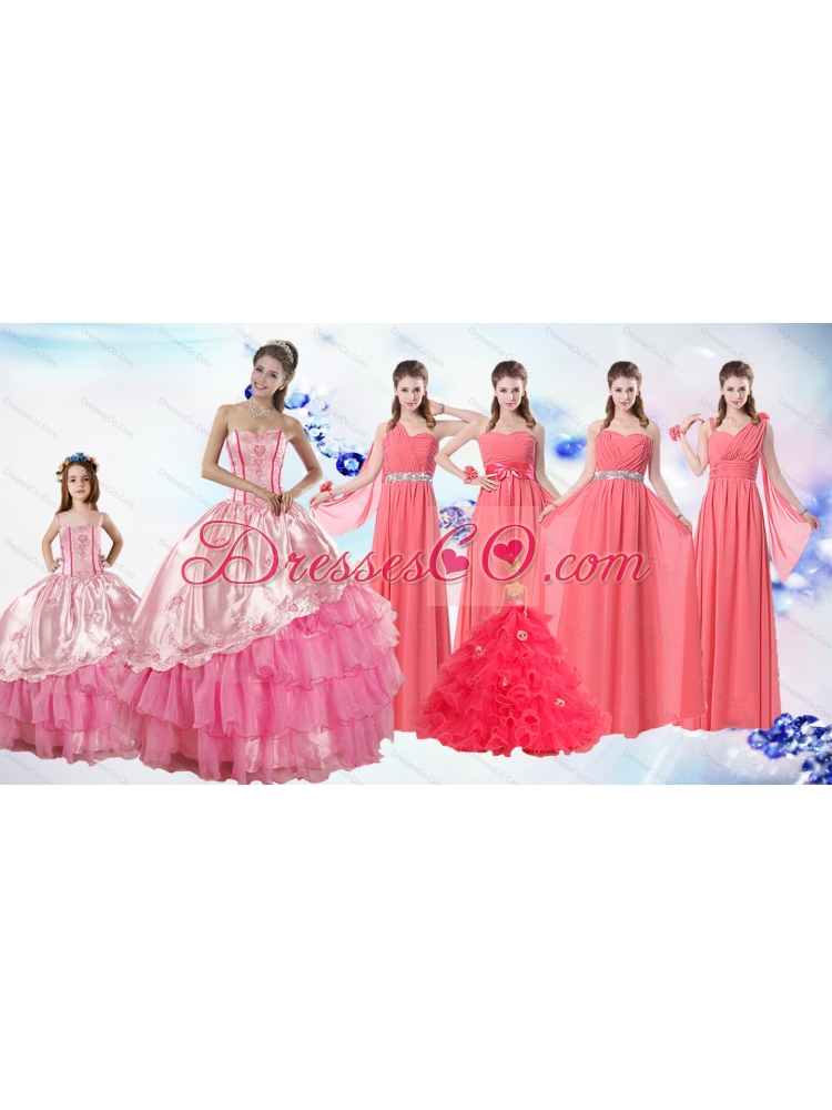 Ruffled Layers Quinceanera Dress and Watermelon Long Dama Dressand Rose Pink Ball Gown Little Girl Dress