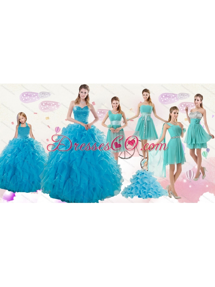 Cheap Teal Quinceanera Dress and Ruching and Beading Short Prom Dressand Halter Top Ruffles Little Girl Dress