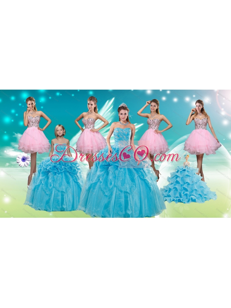 Baby Blue Ball Gown Pick Ups Quinceanera Dress and Beading Rose Pink Short Dama Dressand Pick Ups Little Girl Dress
