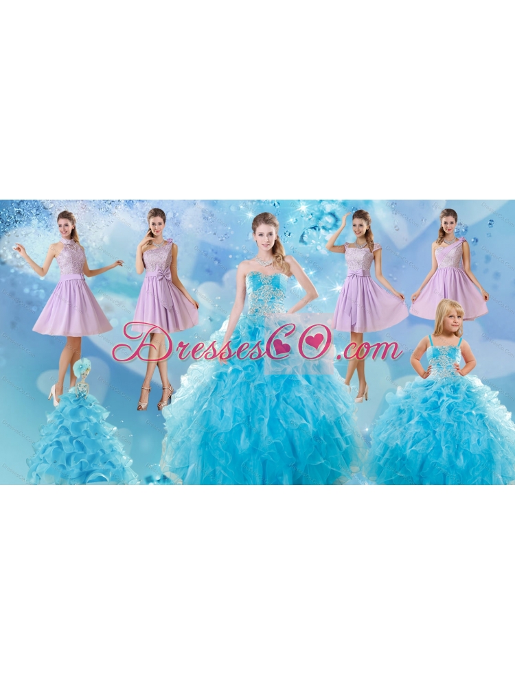 Baby Blue Ball Gown Ruffles Quinceanera Dress and Lilac Short Dama Dressand Applique and Ruffles Little Girl Dress