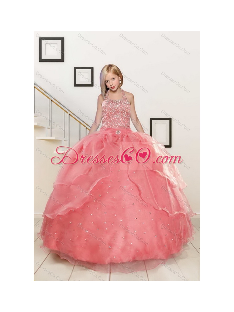 Beading  Watermelon Quinceanera Dress and Strapless Knee Length Prom Dressand Watermelon Halter Top Little Girl Dress
