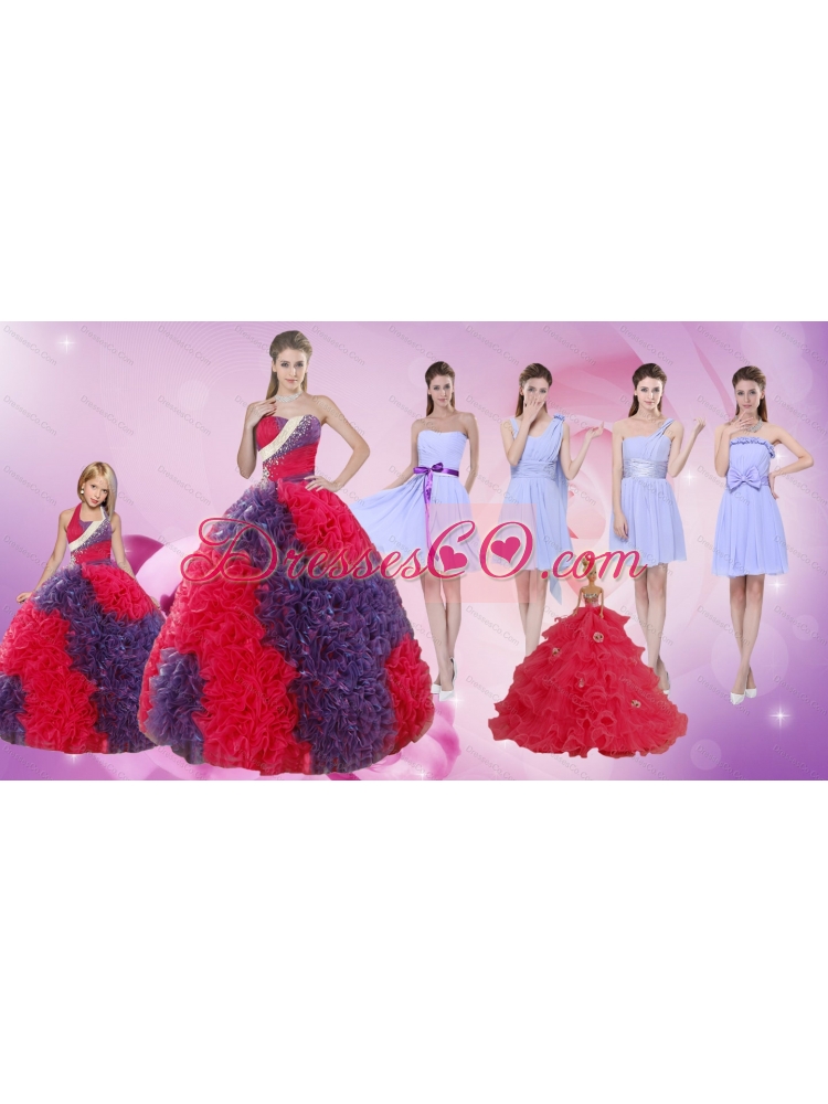 Elegant Multi Color Floor Length Quinceanera Dress and Ruching Short Dama Dressand  Multi Color Halter Top Little Girl Dress