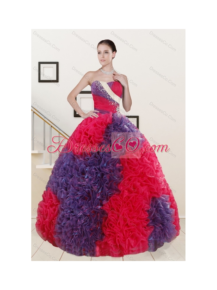 Elegant Multi Color Floor Length Quinceanera Dress and Ruching Short Dama Dressand  Multi Color Halter Top Little Girl Dress
