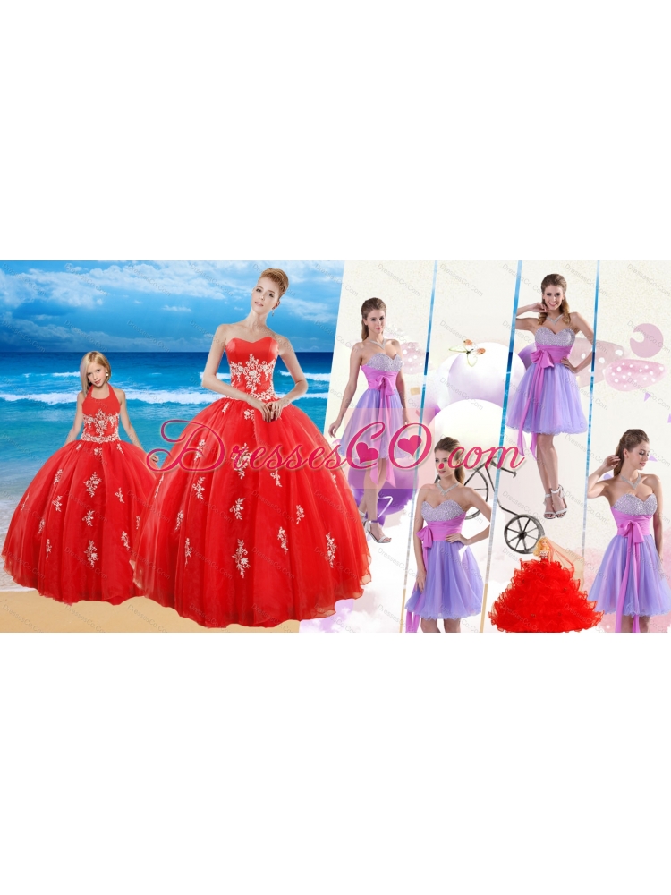 Elegant Red Quinceanera Dress and Sash and Beading Short Dama Dressand Halter Top Red Little Girl Dress
