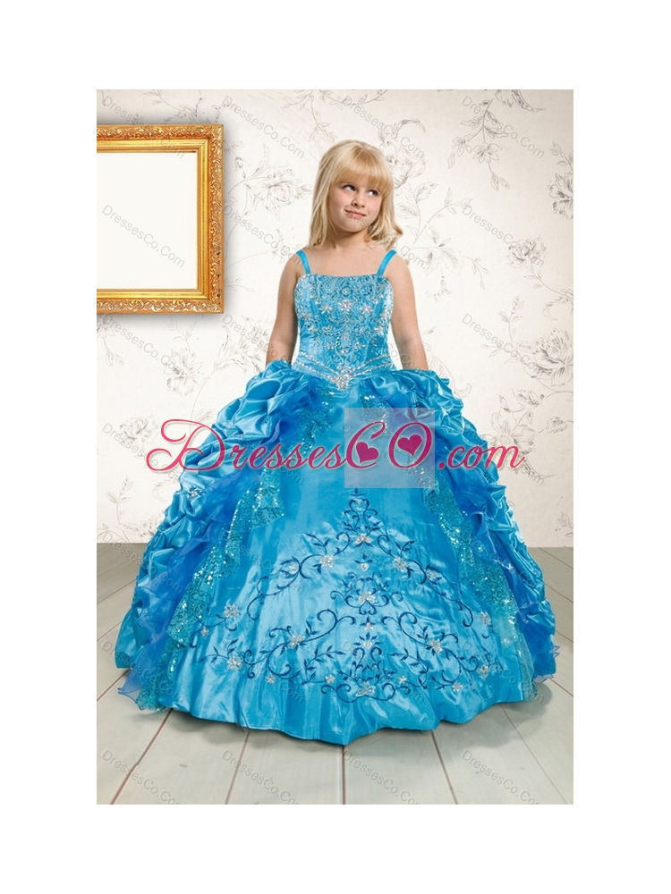 Embroidery and Pick Ups Quinceanera Dress and Ruching Short Dama Dressand Spaghetti Straps Teal Little Girl Dress