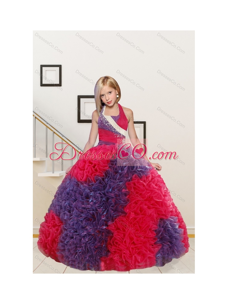 Multi Color Ball Gown Ruffles Quinceanera Dress and Ruching Baby Pink Dama Dressand  Halter Top Multi Color Little Girl Dress