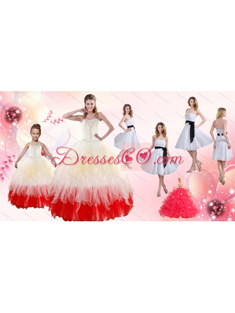 Multi Color Strapless Beading Quinceanera Dress and White Strapless Ruching Prom Dressand  Halter Top Beading Little Girl Dress
