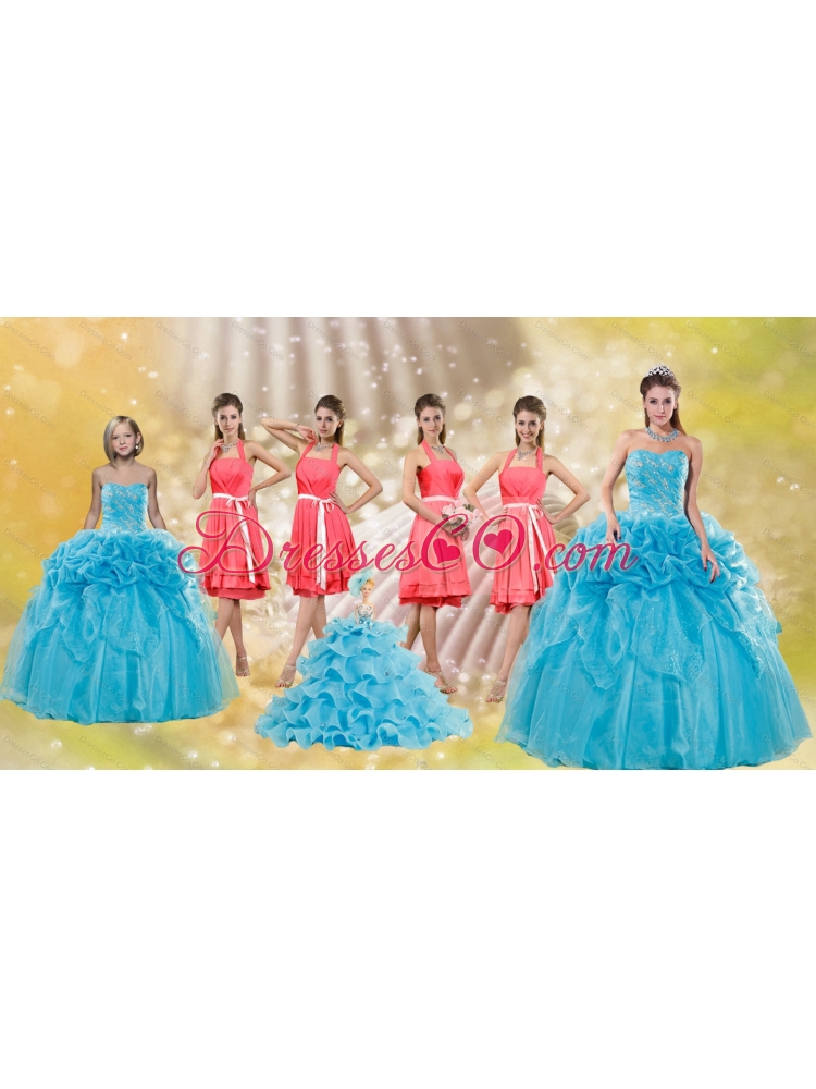 Pick Ups Floor Length Baby Blue Quinceanera Dress and Watermelon Halter Top Sash Dama Dressand Pretty Ruffles Little Girl Dress