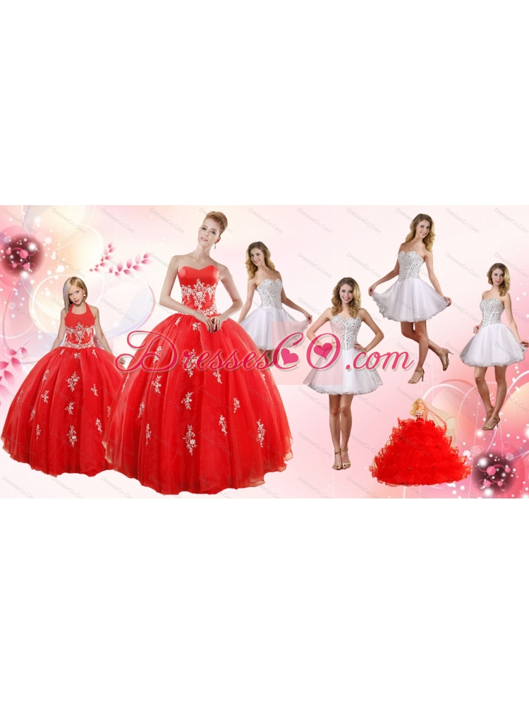 Red Ball Gown Appliques Quinceanera Dress and Short Beading White Dressand Red Halter Top Little Girl Dress