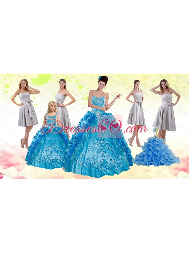 Teal Embroidery Quinceanera Dress and Strapless Short Dama Dressand Spaghetti Straps Ruffles Flower Girl Dress