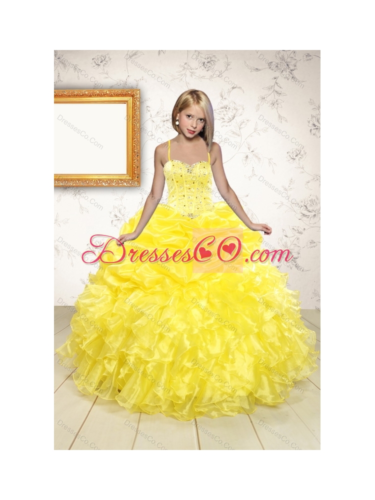 Yellow Rufflers Beading Quinceanera Dress and Bownot Short Prom Dressand Yellow Spaghetti Straps Beading Pageant Dress Little Girl