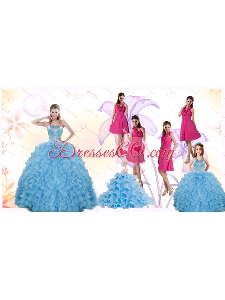 Gorgeous Ruffles and Beading Quinceanera Dress and Hot Pink Short Dama Dressand Cute Halter Top Little Girl Dress