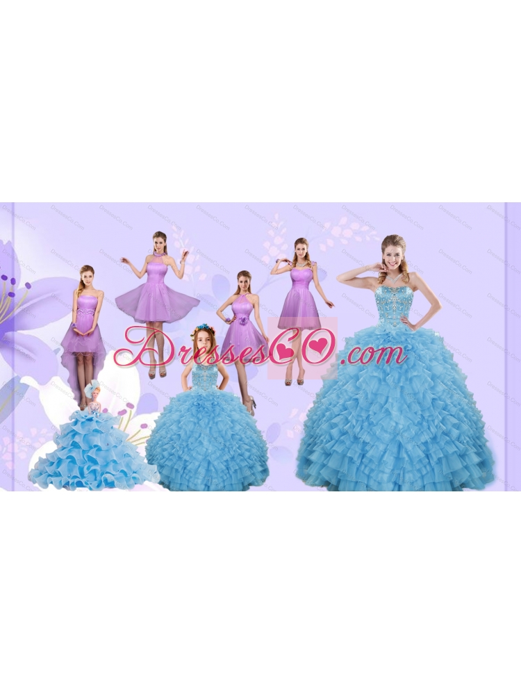 Beading Pretty Aqua Blue Quinceanera Gown and Lilac Short Dama Dressand Halter Top Ruffles Pageant Dress Little Girl