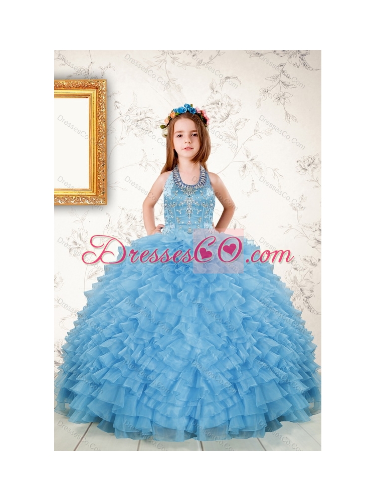 Beading Pretty Aqua Blue Quinceanera Gown and Lilac Short Dama Dressand Halter Top Ruffles Pageant Dress Little Girl
