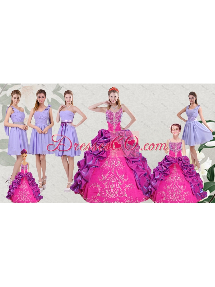 Multi Color Embroidery and Bubbles Quinceanera Dress and Ruching Short Dama Dressand Spaghetti Straps Bubbles Little Girl Dress