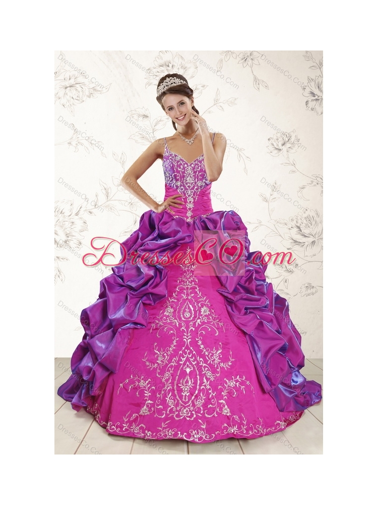 Multi Color Embroidery and Bubbles Quinceanera Dress and Ruching Short Dama Dressand Spaghetti Straps Bubbles Little Girl Dress