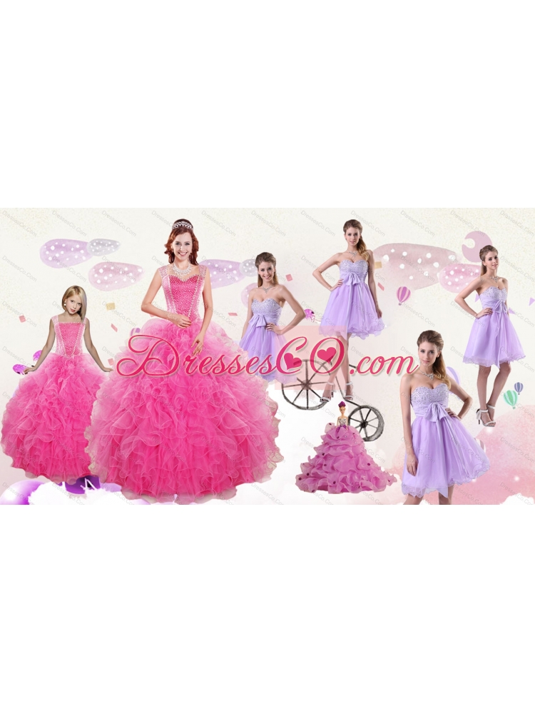 Popular Beading and Ruffles Quinceanera Dress and Bownot and Beading Short Dama Dressand Pink Floor Length Little Girl Dress