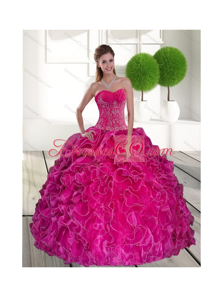 Cheap Hot Pink Quinceanera Gown with Ruffles and Appliques