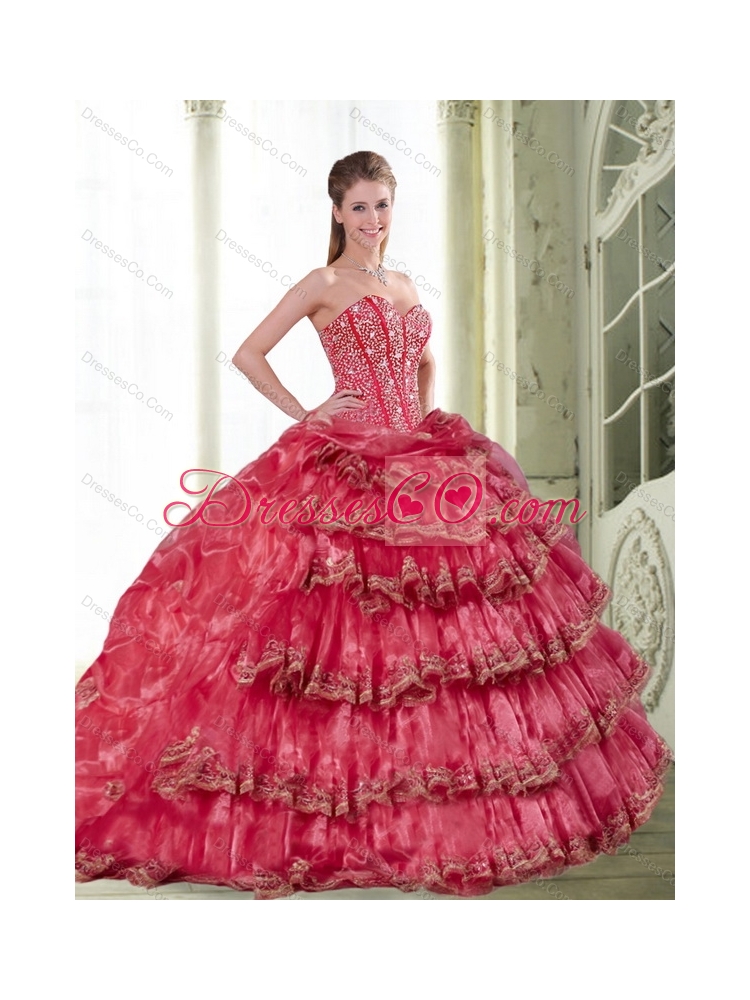 Classical Coral Red Quinceanera Dress with Pick Ups and Ruffled Layers