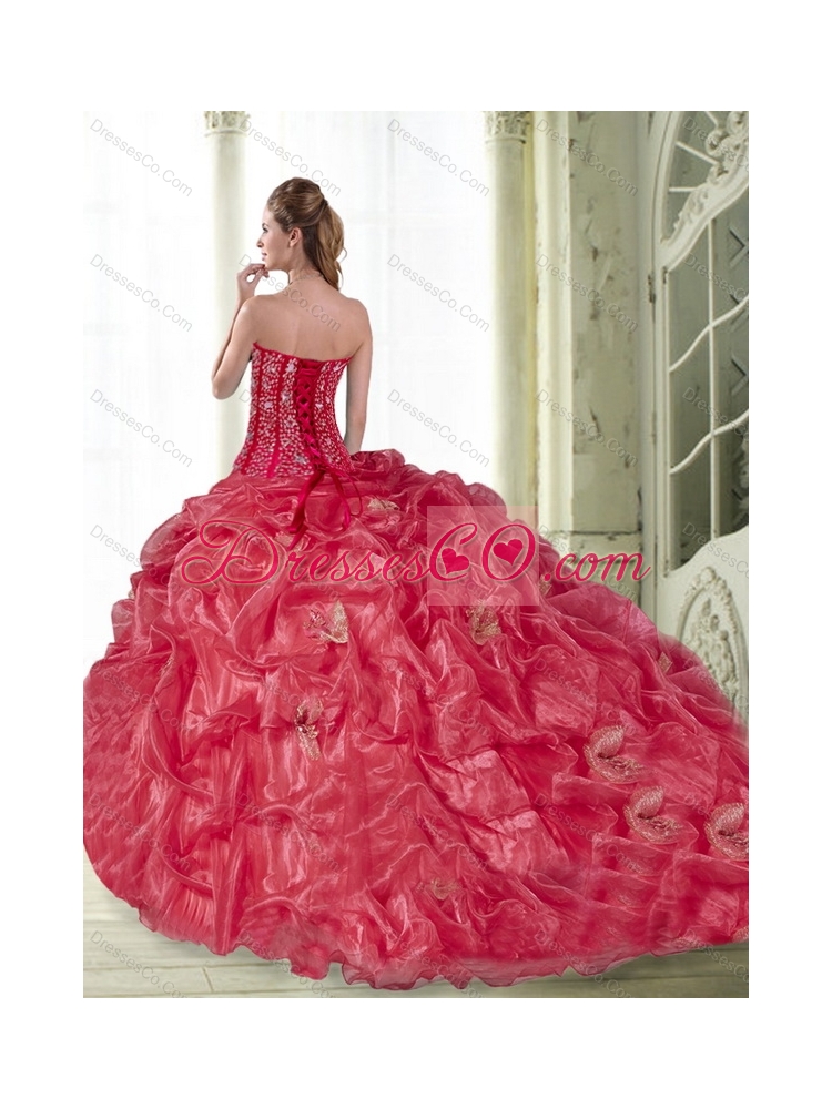 Classical Coral Red Quinceanera Dress with Pick Ups and Ruffled Layers