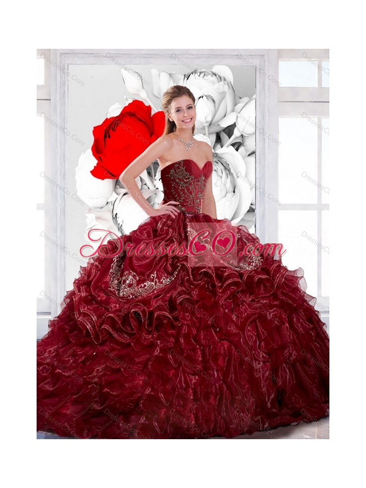 Cheap Wine Red  Quinceanera Dress with Appliques and Ruffles