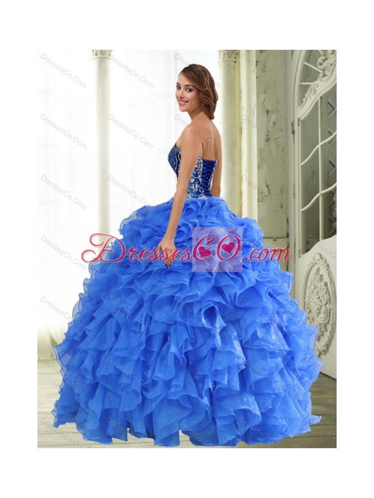 Beading and Ruffles Strapless Quinceanera Dress in Blue