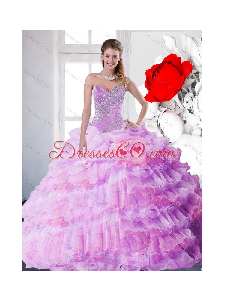 Cheap Lilac Quinceanera Dress with Beading and Ruffled Layers