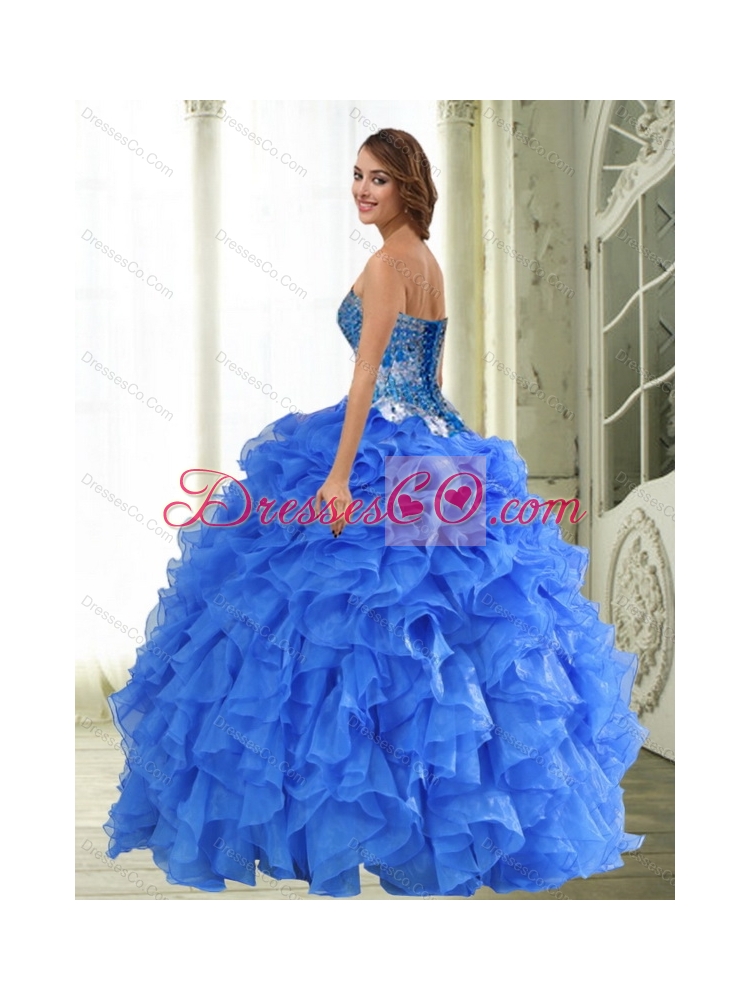 Beautiful Beading and Ruffles Blue Quinceanera Dress  Spring