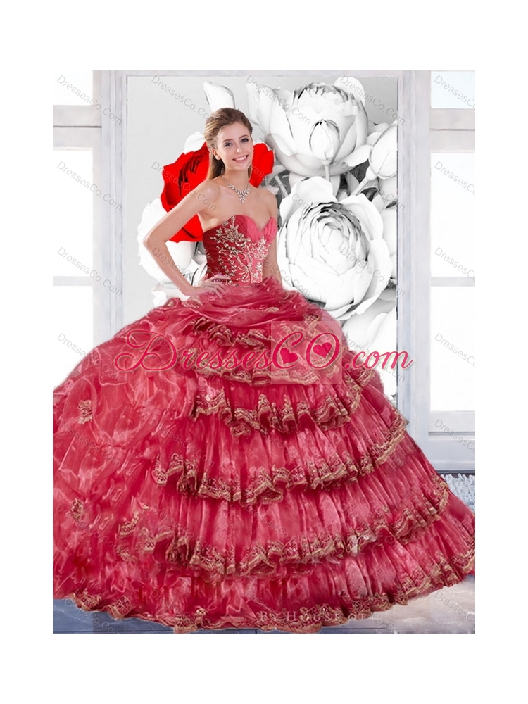 Appliques and Ruffles Quinceanera Dress in Coral Red
