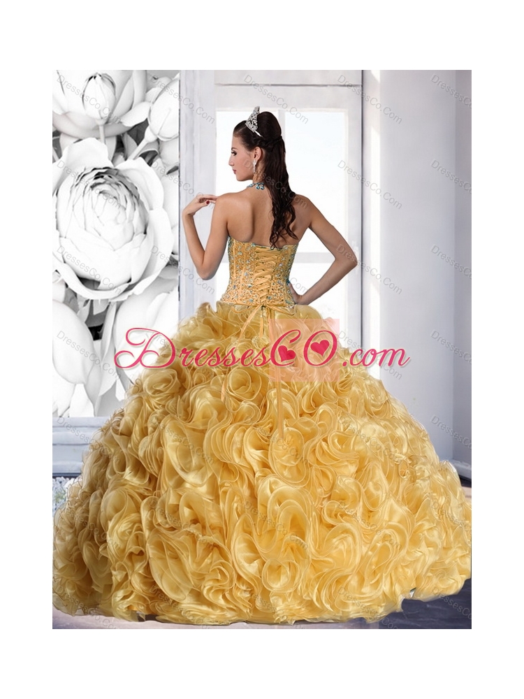 Strapless Gold  Quinceanera Dress with Beading and Rolling Flowers
