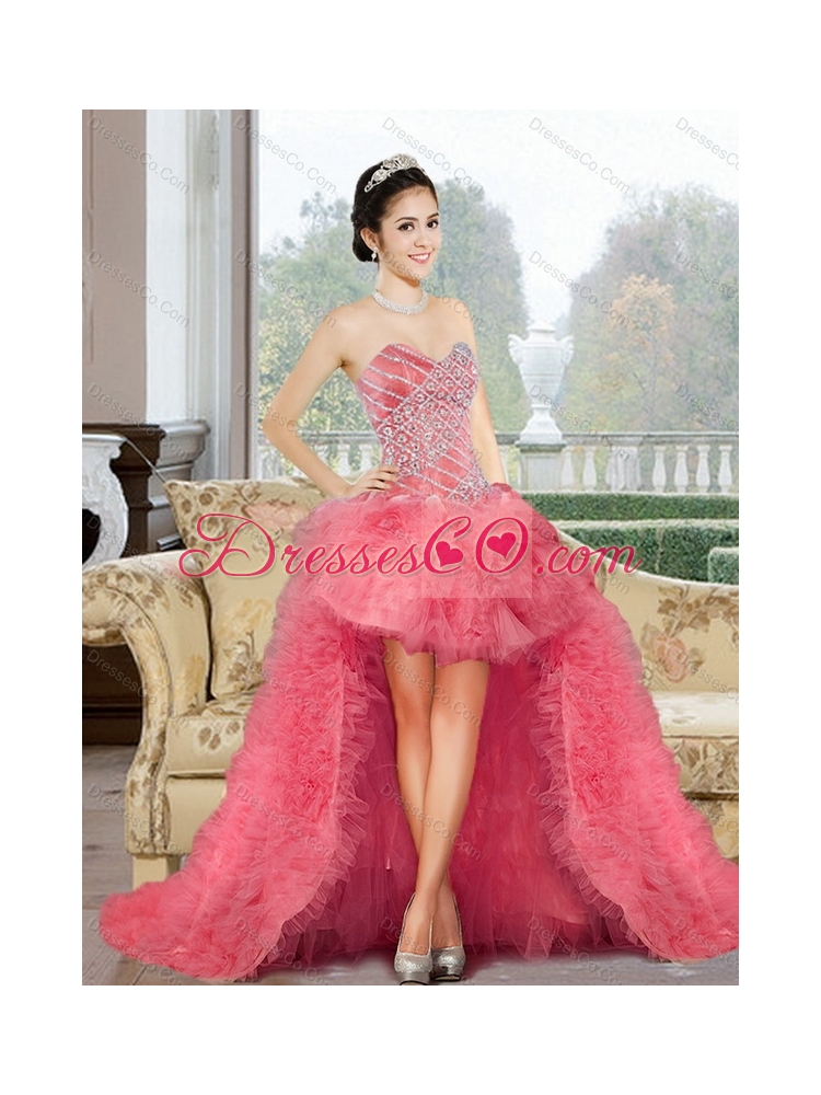 Discount  Appliques and Ruffles Prom Dress in Watermelon