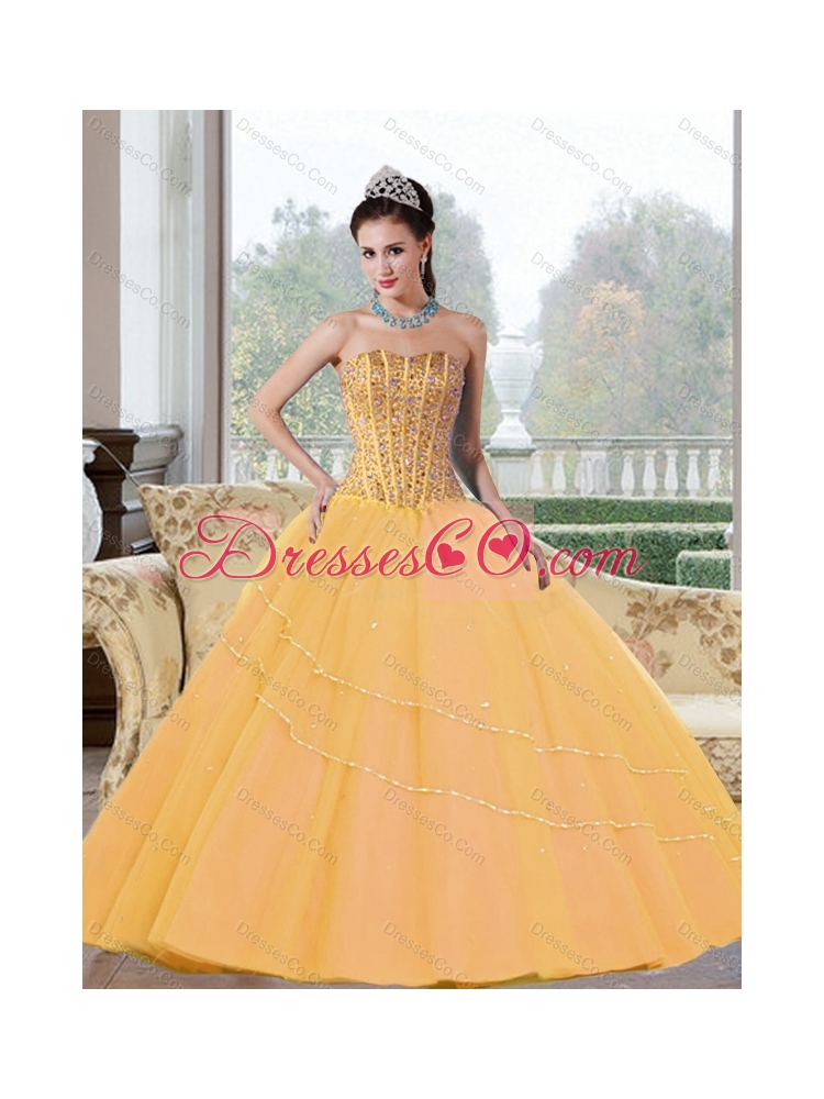 Inexpensive Beading Strapless  Quinceanera Dress in Gold