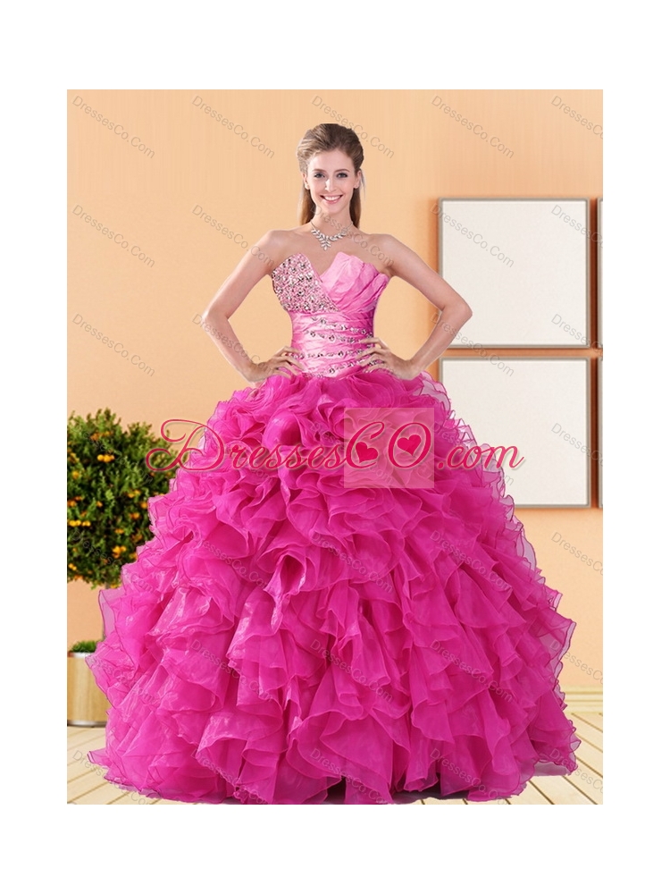 Classic Beading and Ruffles Quinceanera Dress in Hot Pink
