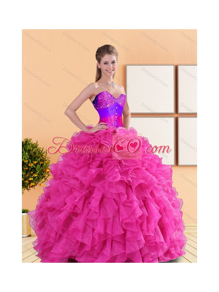 Classic  Beading and Ruffles Quinceanera Dress in Hot Pink