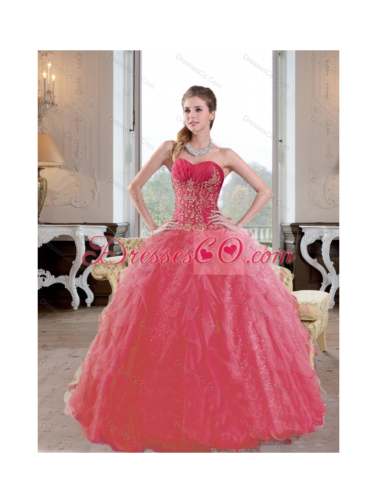 Elegant Ruffles and Appliques  Quinceanera Dress in Coral Red