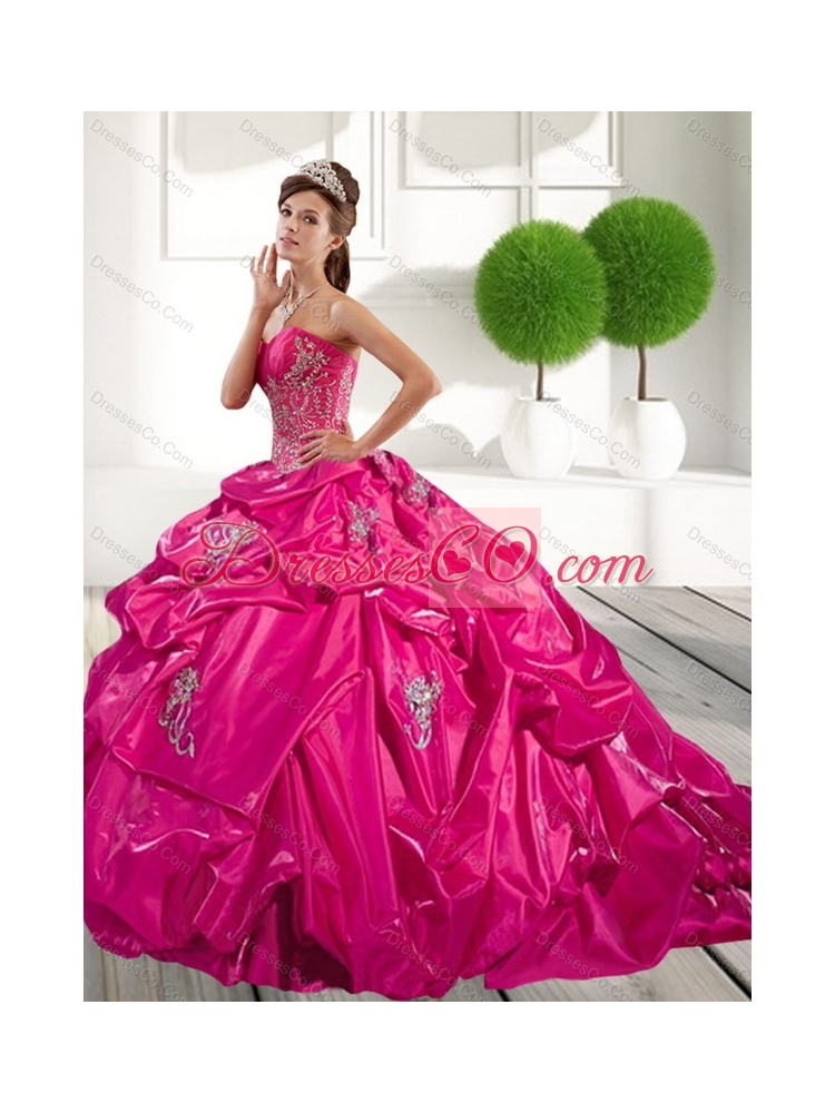 Pretty Appliques and Pick Ups Quinceanera Dress in Hot Pink