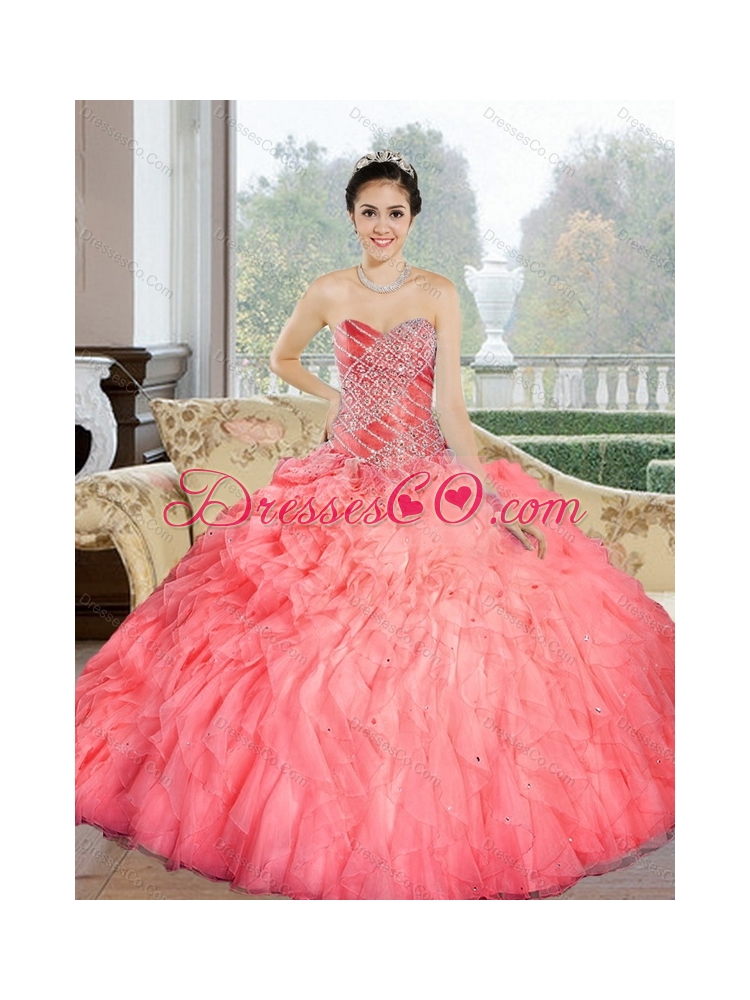 Pretty  Beading and Ruffles Quinceanera Dress in Watermelon
