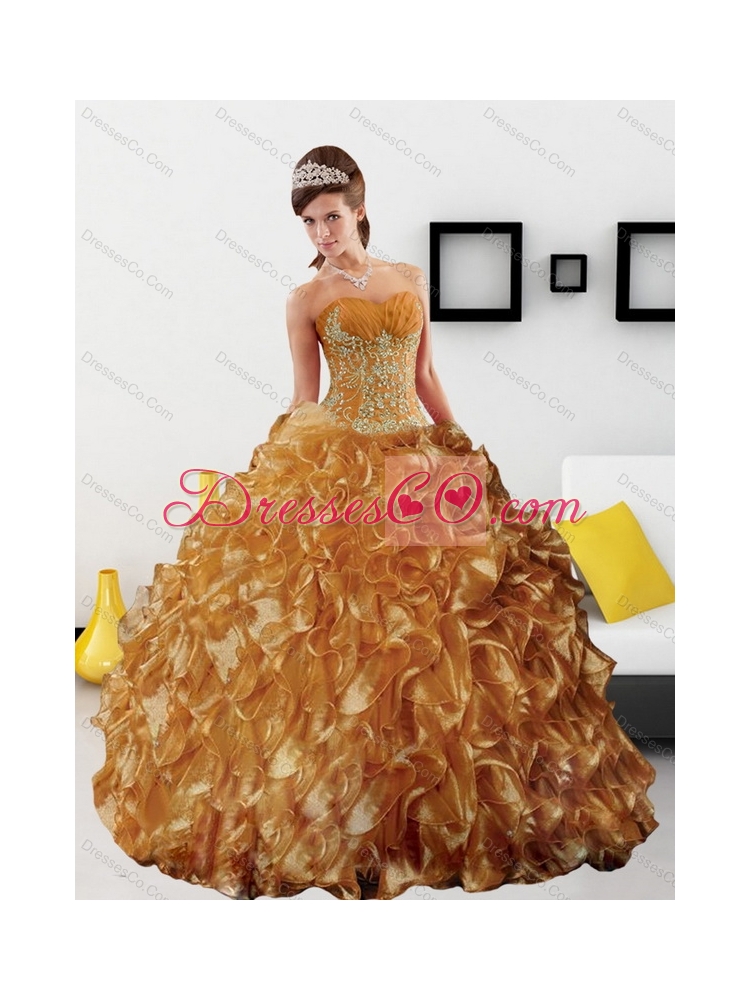 Pretty Appliques and Ruffles  Quinceanera Dress in Gold