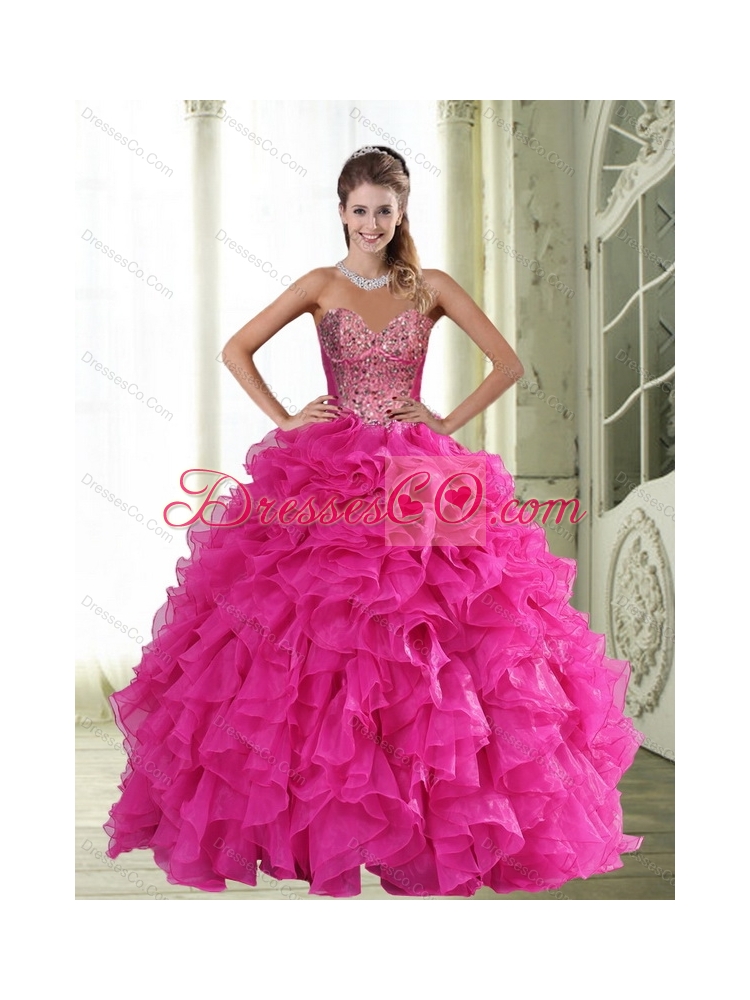 Unique Hot Pink  Quinceanera Dress with Beading and Ruffles