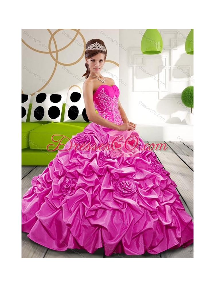 Unique  Hot Pink Quinceanera Dress with Appliques and Pick Ups