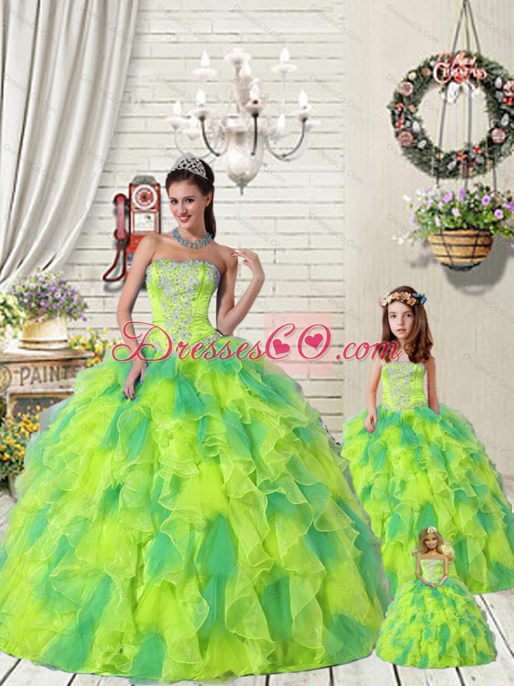 Wonderful Ruffles and Beading Yellow and Green Princesita Dress for