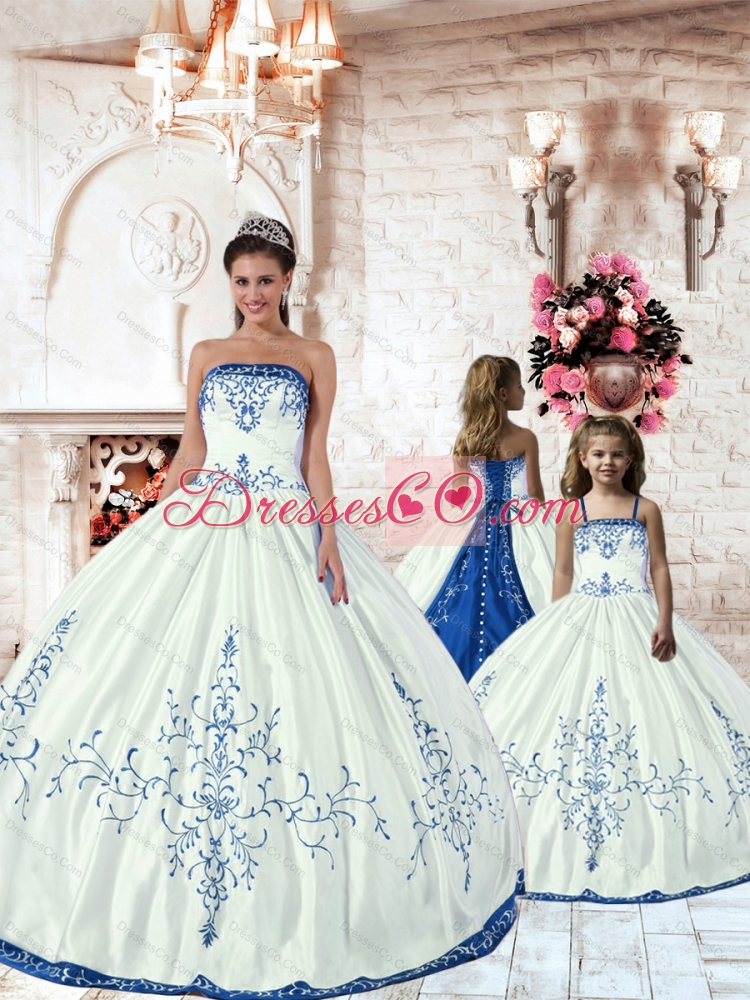 Unique White Princesita Dress with Royal Blue Embroidery for