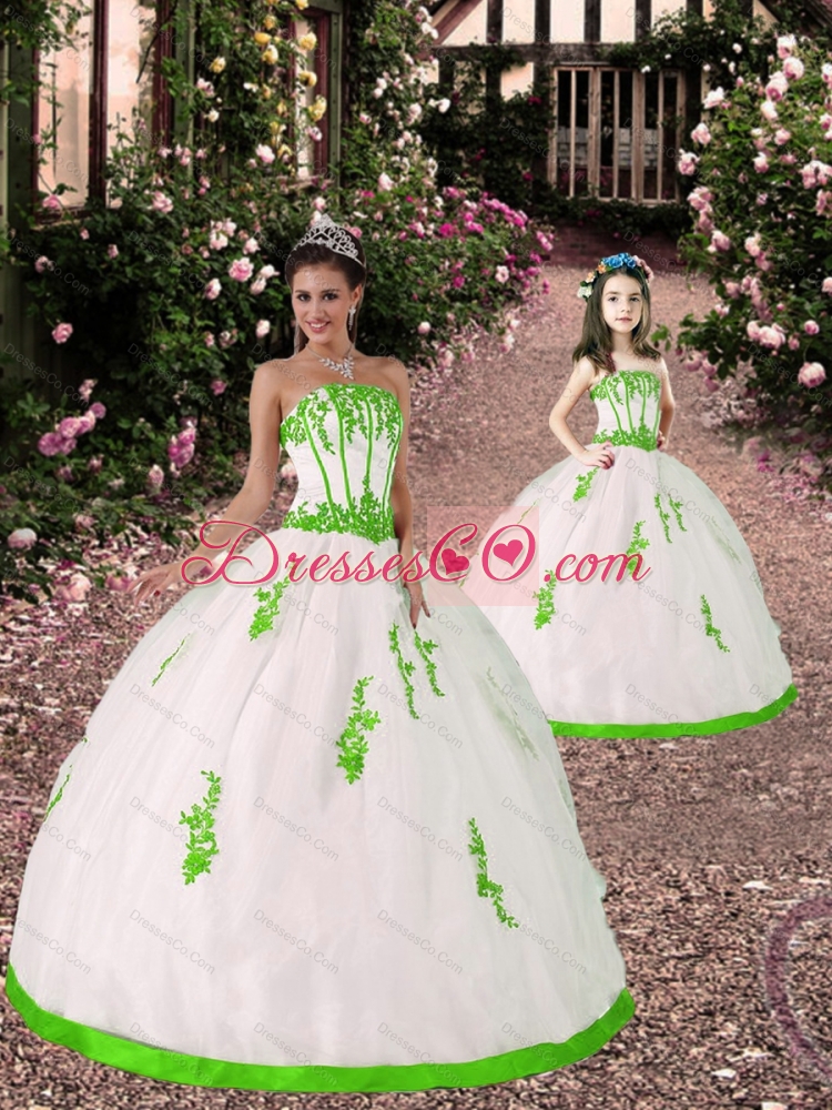 Spring Appliques Princesita Dress in White and Spring Green