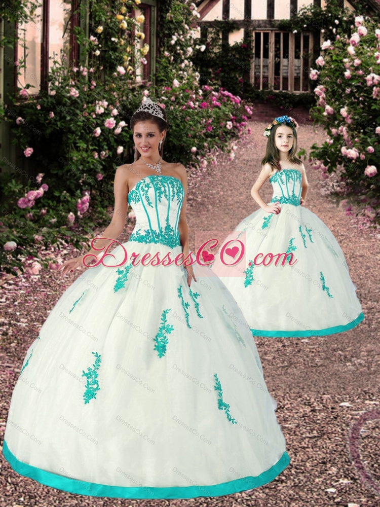 Spring Satin and Organza Appliques Princesita Dress in White and Aqua Blue