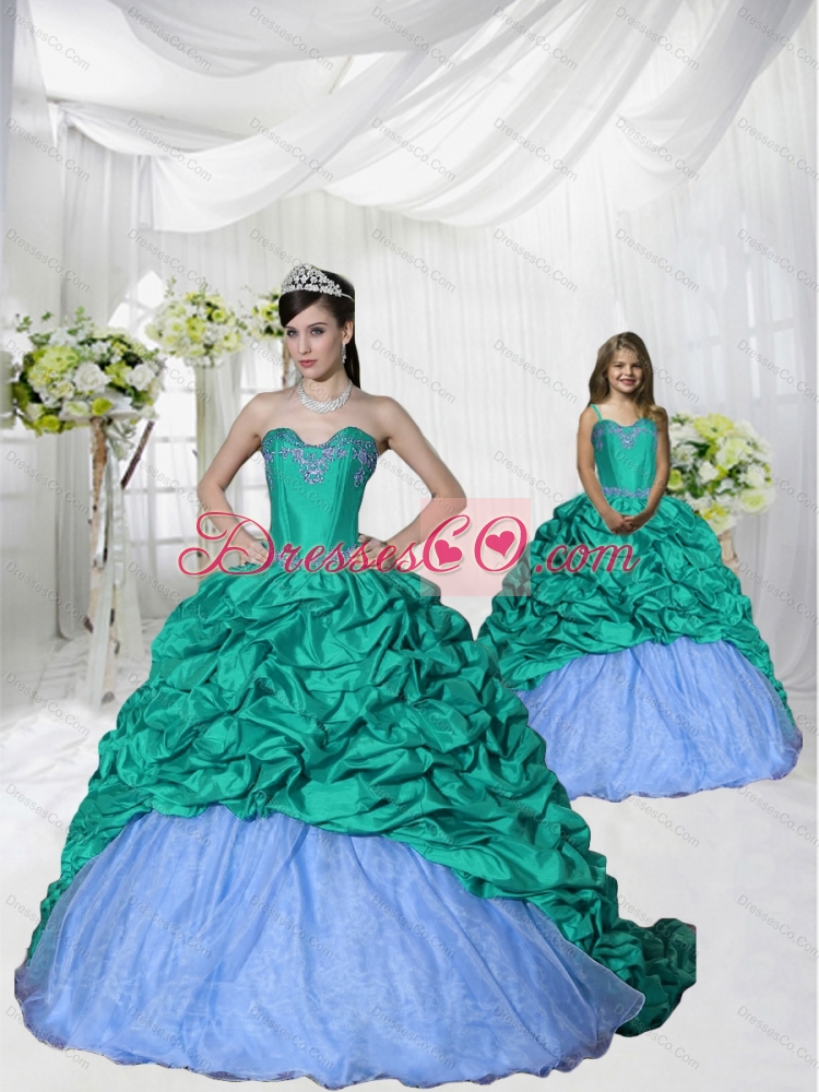 Fashionable Appliques Brush Train Princesita Dress in Turquoise