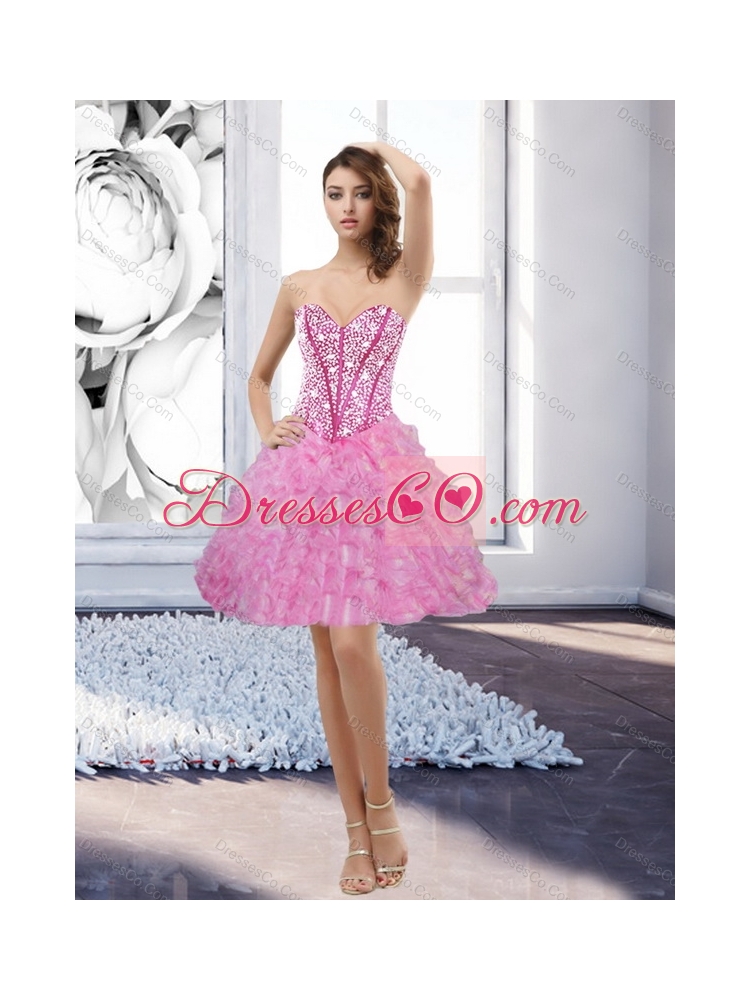 Cheap Rose Pink  Prom Dress with Beading and Ruffles