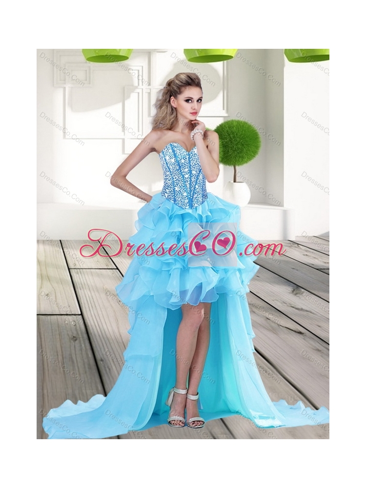 New Style Aqua Blue High Low Prom Dress with Beading and Ruffles