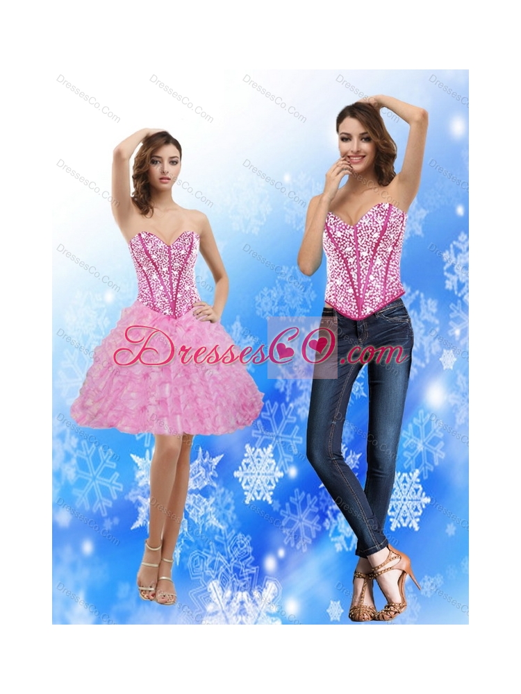 New Style Rose Pink Prom Dress with Beading and Ruffles