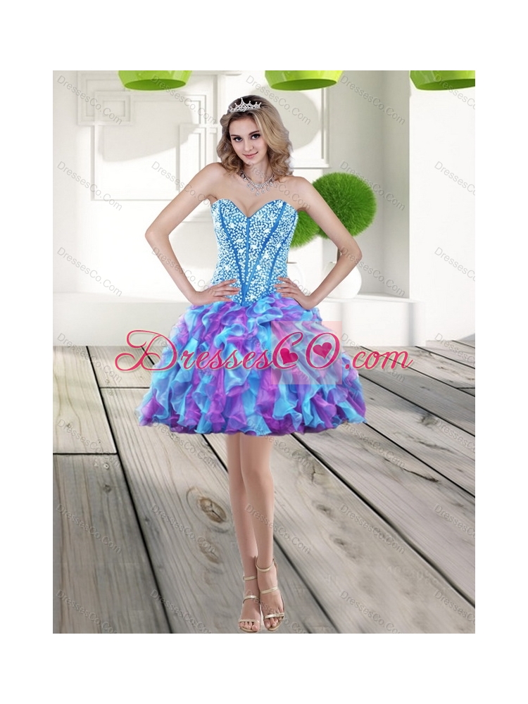 Cheap Aqua Blue High Low  Prom Dress with Beading and Ruffles